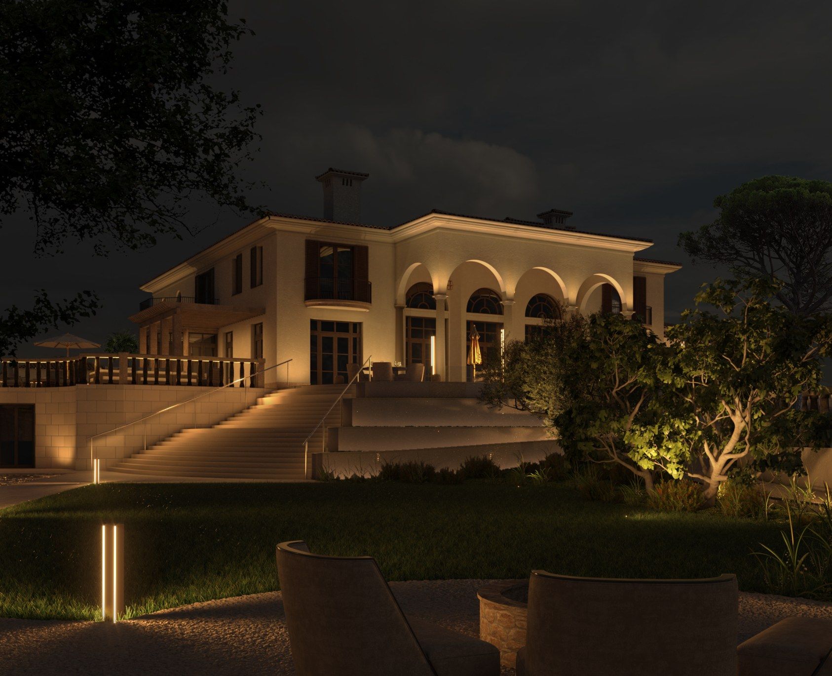 Villa à Calonge — façade, terrasses et jardin éclairés