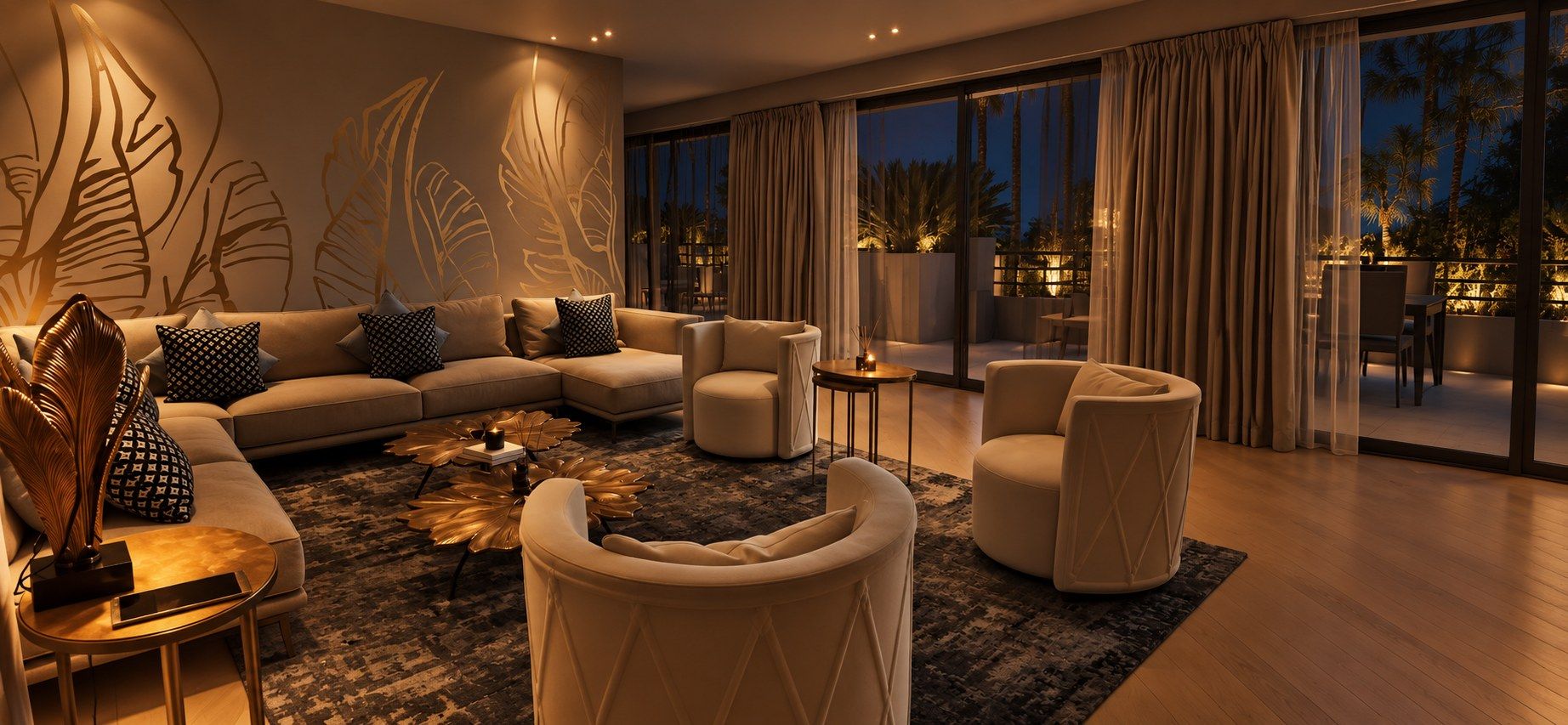 Domaine Californie, Cannes — living room at night, lit seating area and terrace beyond the glazing