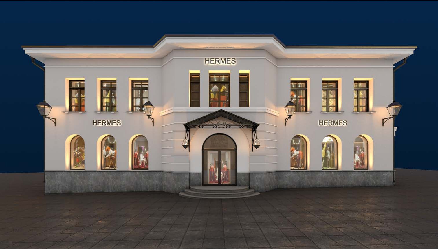 Boutique Hermès, ruelle Stolechnikov, façade, Moscou — étude lumière, vue 1