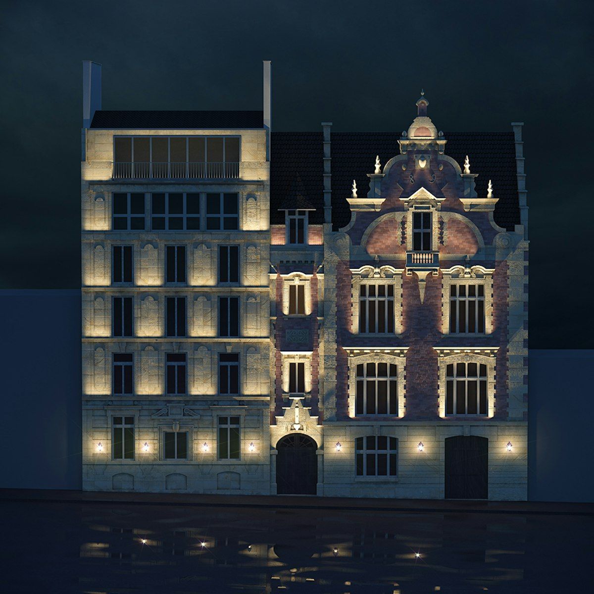 Facade lighting of the Hôtel Ballu, Paris — night view