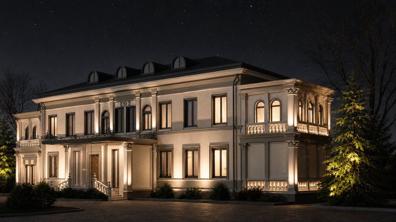 Villa de 2 100 m², avenue Mitchourinski, Moscou — étude lumière, rendu retravaillé par IA
