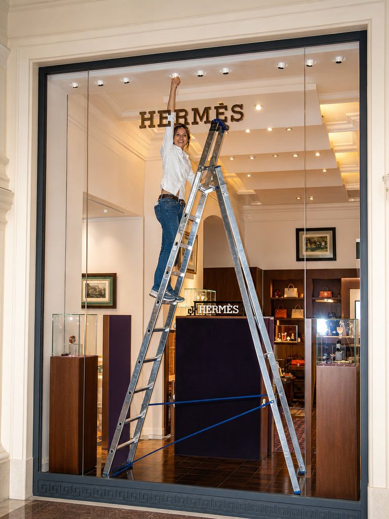 Olesya Tarasova on a ladder, adjusting the spotlights of a Hermès window