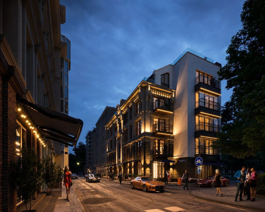 Résidence, ruelle Spiridonievski 17, Moscou — étude lumière, rendu retravaillé par IA