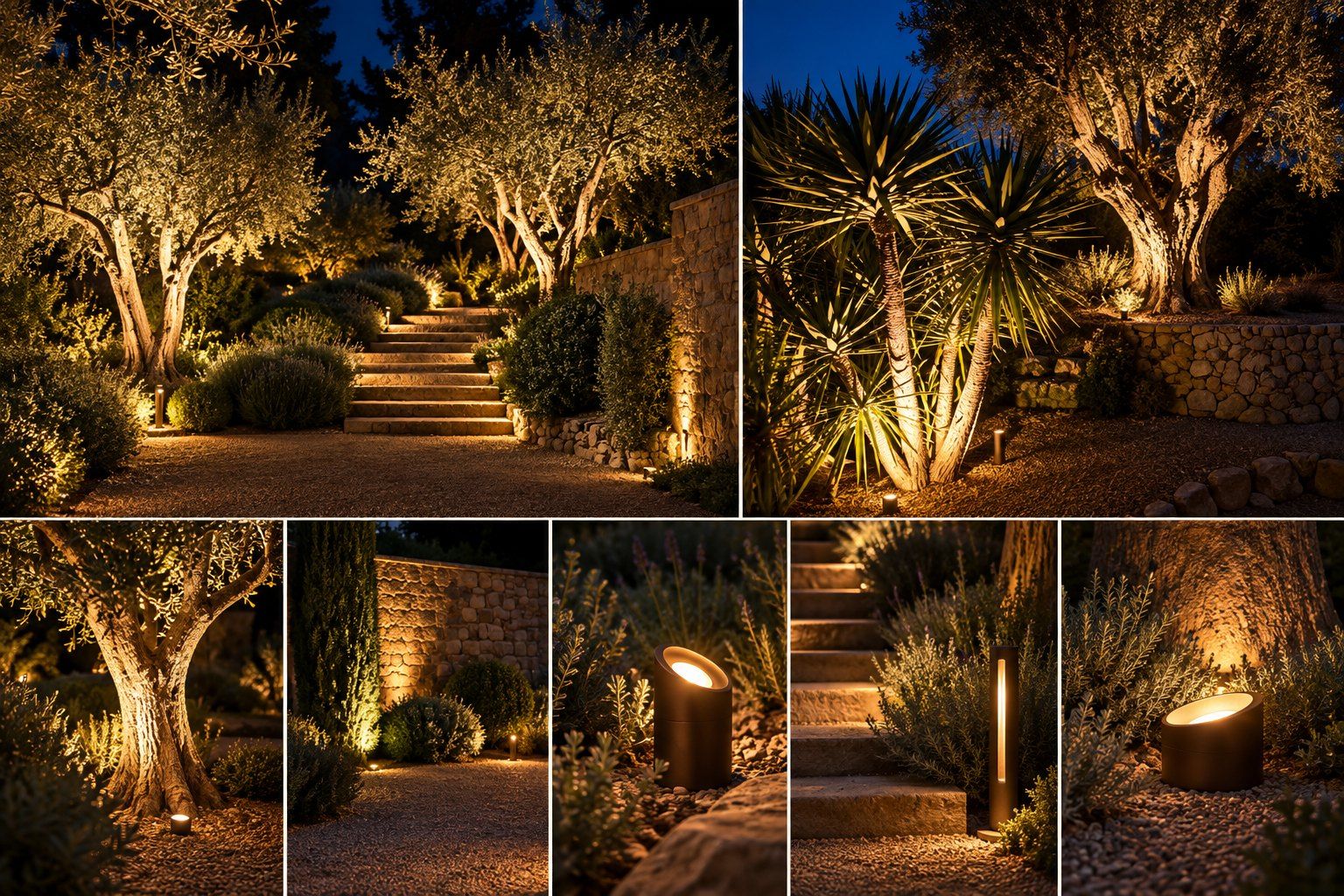 Éclairage de jardin, propriété privée à Vence — montage de sept photos : oliviers, yuccas, bornes et marches éclairés